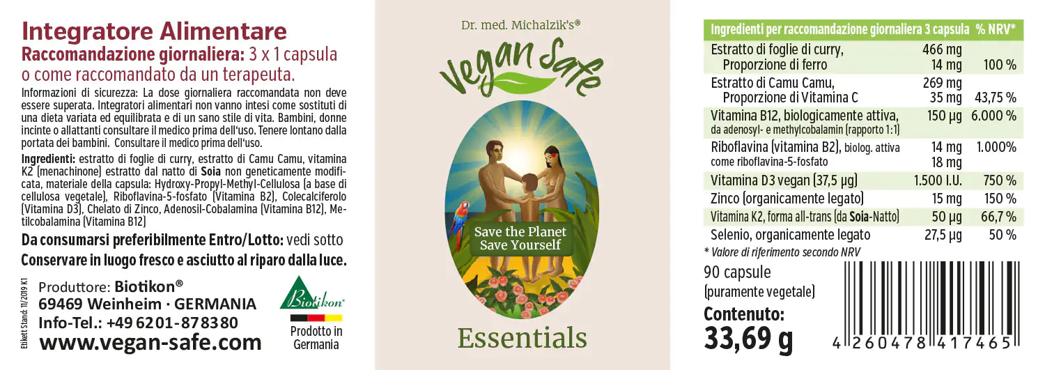 Essenziali Vegan – 90 Capsule Integratore alimentare vegano in capsule, 90 unità, contiene ingredienti vegetali, confezione verde.