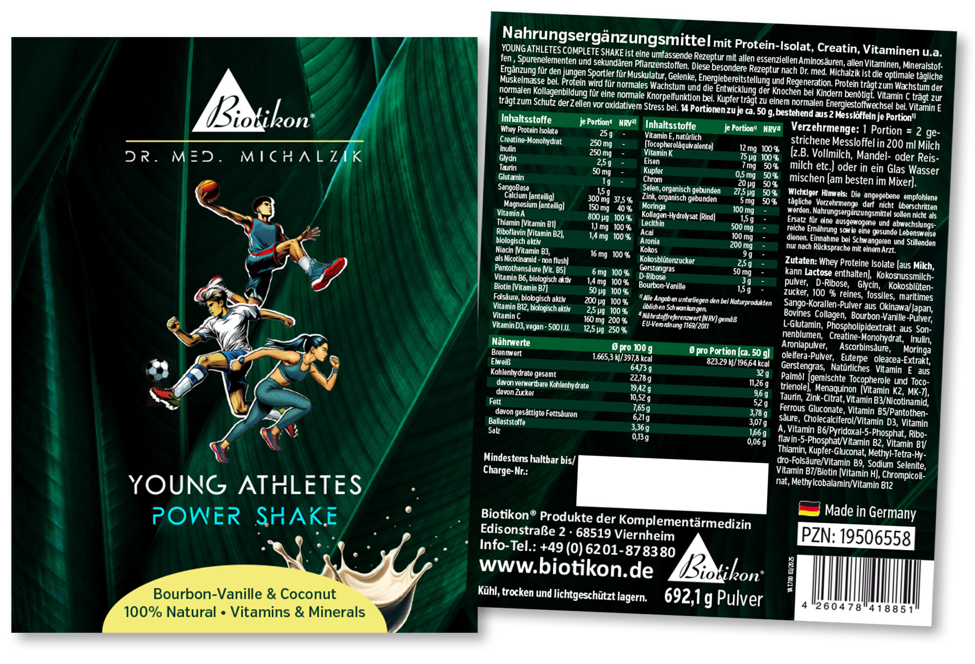 Power Shake – 692 g in Polvere Polvere proteica per giovani atleti, gusto vaniglia Bourbon & cocco, 692 g, arricchita con nutrienti.