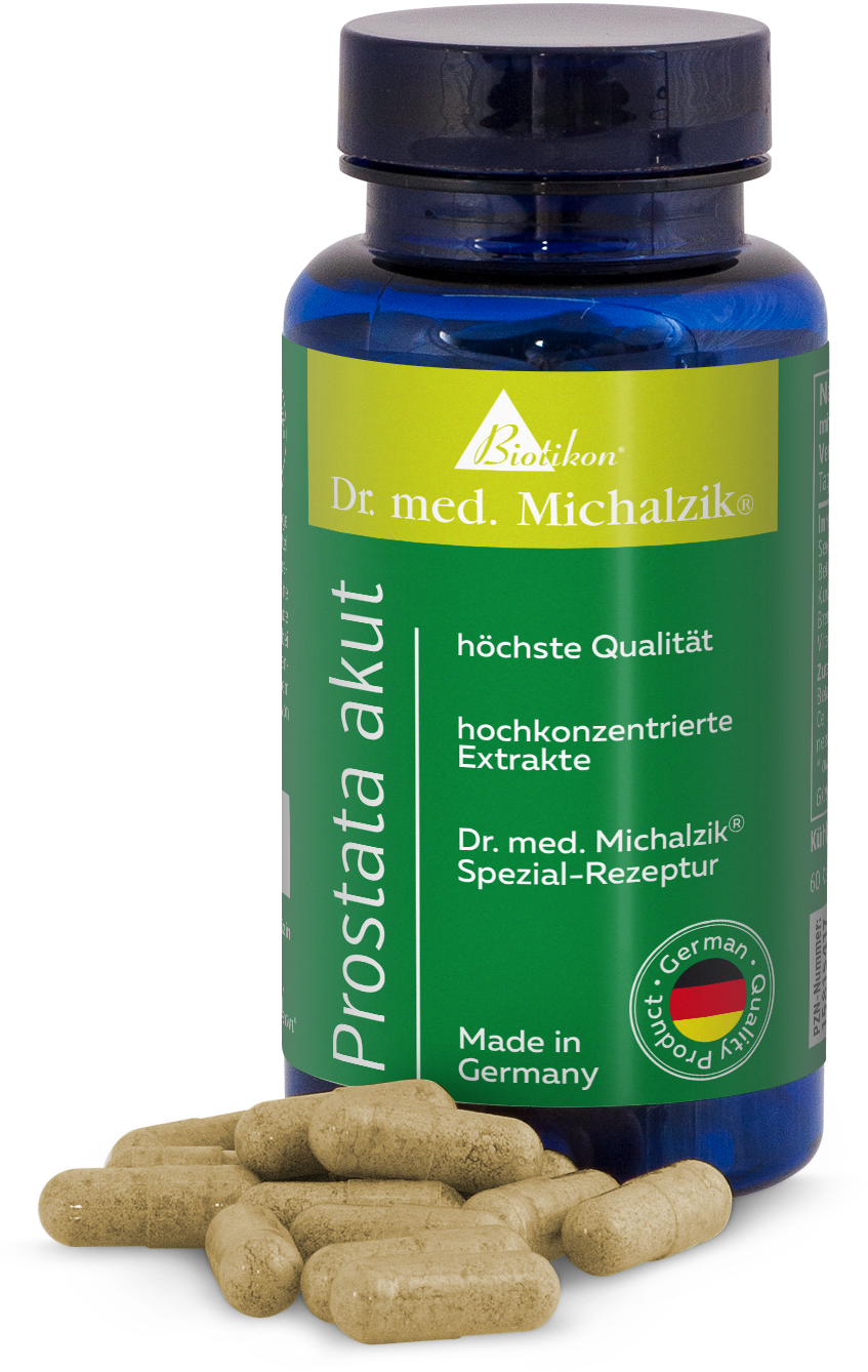 Prostata acuta – Capsule Contenitore di capsule verdi con 60 capsule visibili su uno sfondo bianco, lavorazione di alta qualità.