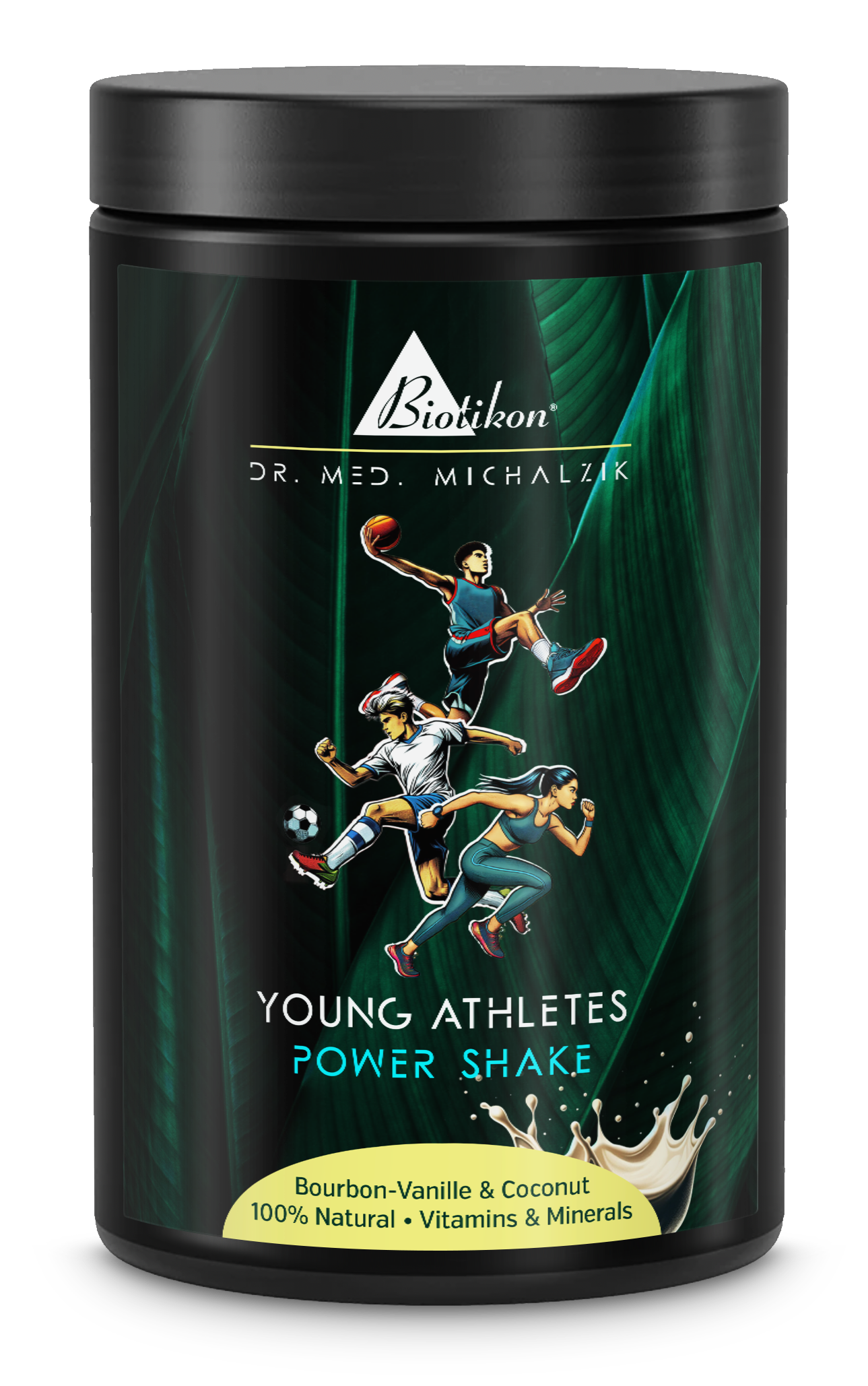 Power Shake per giovani atleti – 400 g Contenitore nero con Power Shake per giovani atleti, gusto vaniglia bourbon e cocco, 400 g, con motivi sportivi.