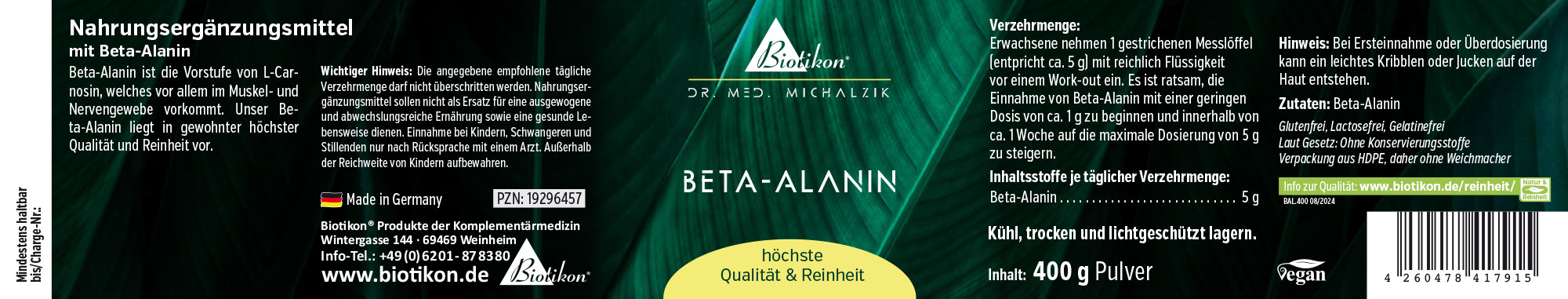 Beta-Alanina 400 g – Polvere Integratore alimentare Beta-Alanina in confezione da 400 g di polvere con design verde.