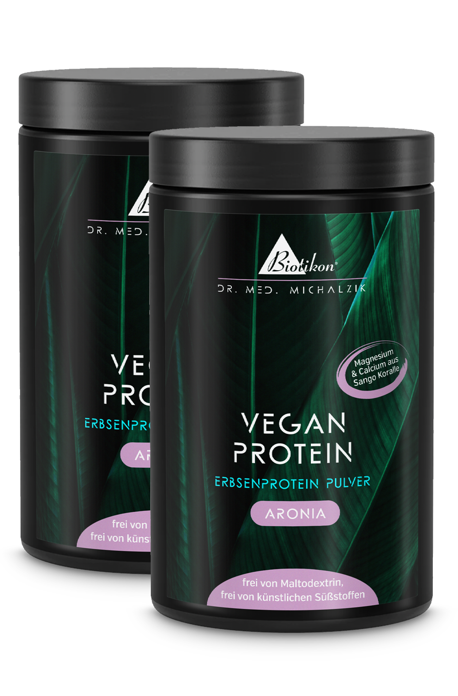 Due contenitori di polvere di proteine vegetali bianche con etichetta viola, 500 g.