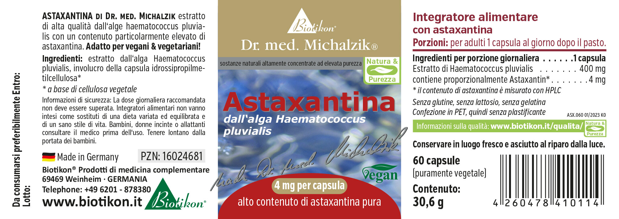 Astaxantina 4 mg - Capsule Integratore di astaxantina in confezione PET, 60 capsule, ingredienti vegani, sfondo blu-grigio.