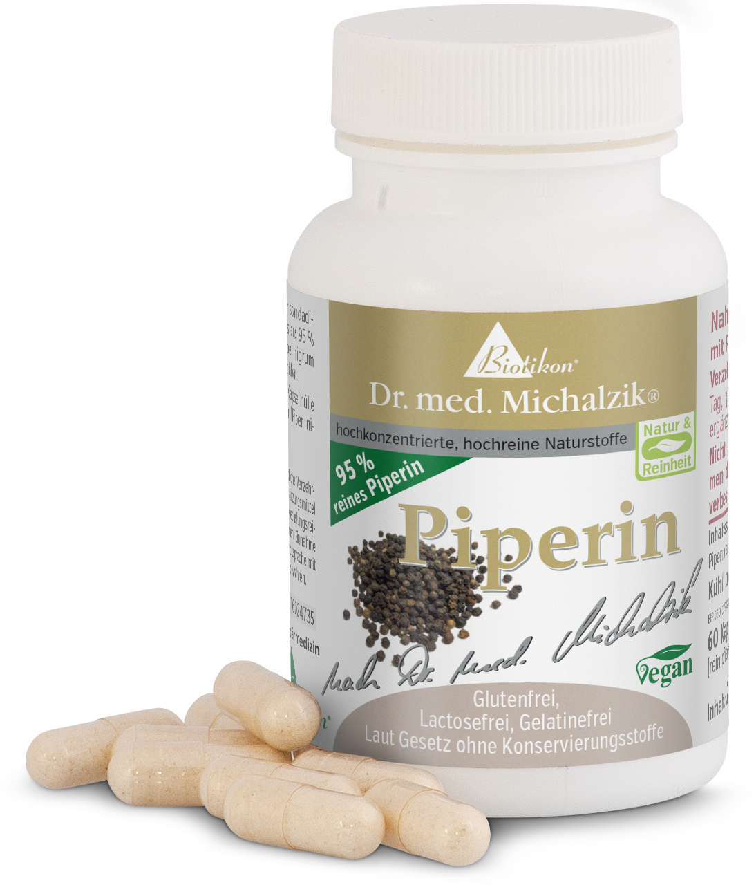 Piperina 95% – 60 Capsule Capsule di piperina, 60 pezzi, involucro vegetale, in un flacone bianco su uno sfondo chiaro.