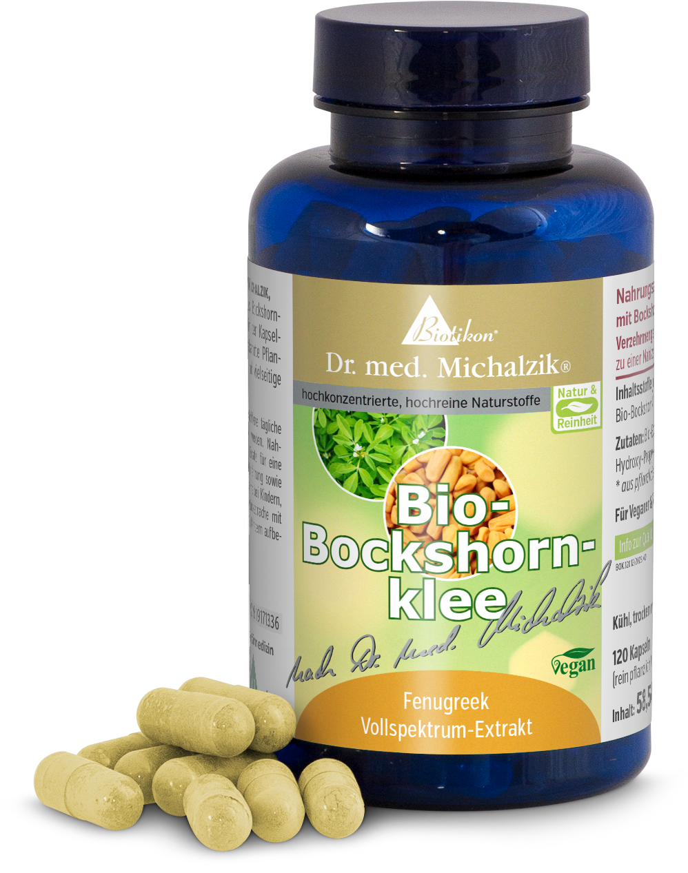 Fieno Greco Biologico 120 Capsule – Estratto a Spettro Completo Bottiglia di estratto di fieno greco biologico a spettro completo, 120 capsule gialle in confezione blu, vista laterale.