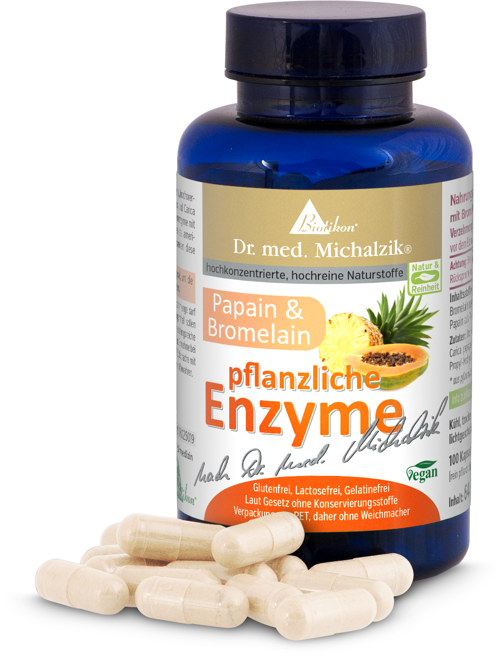 Enzimi Vegetali – 100 Capsule Bottiglia blu con 100 capsule, contiene papaia e bromelina, vegano e senza glutine.