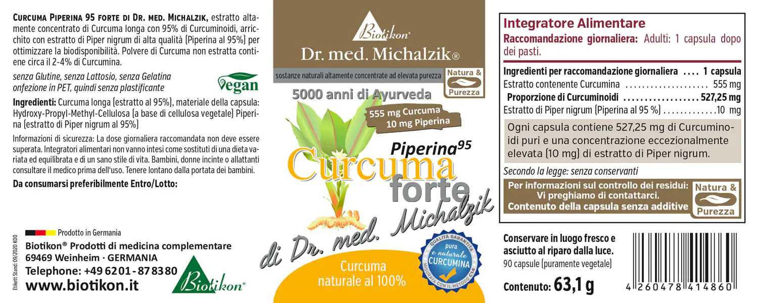 Curcuma Piperina 95 – 90 Capsule Integratore alimentare Curcuma Piperina 95, 90 capsule vegane, confezione arancione, vista frontale.