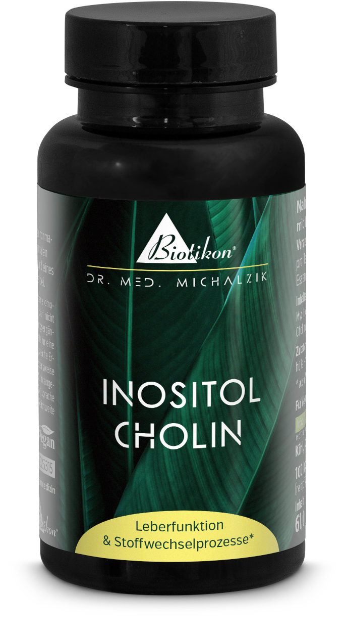 Bottiglia blu con capsule di inositolo colina, 100 pezzi, accanto alle capsule su sfondo bianco.