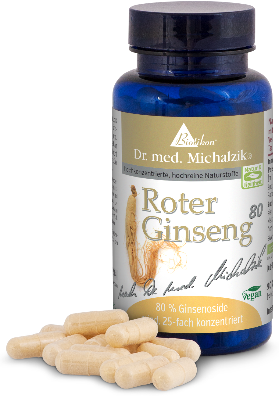 Ginseng Rosso 80 Capsule – Formula Vegana Bottiglia di ginseng rosso con l'80% di ginsenosidi, concentrato 25 volte, capsule vegane trasparenti, confezione blu.