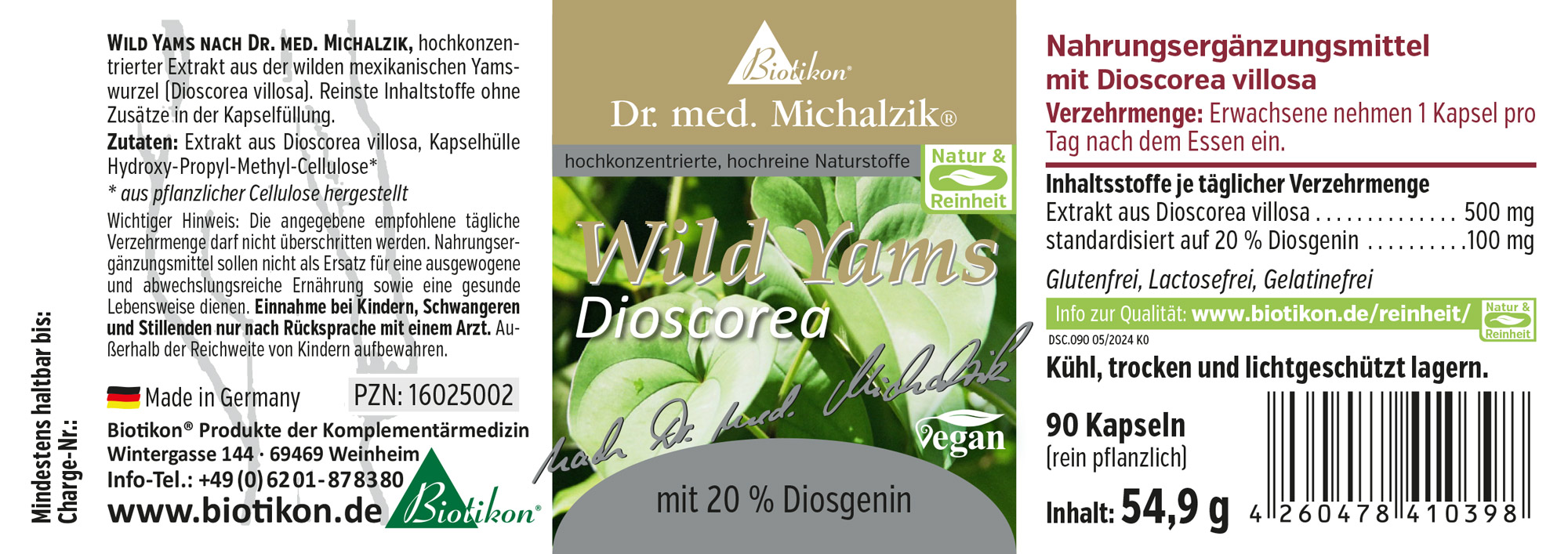 Yam Selvatico Dioscorea 500 mg – Capsule 90 capsule di Yam Selvatico con 20% Diosgenina, estratto concentrato, vegano, in un imballaggio chiaro.