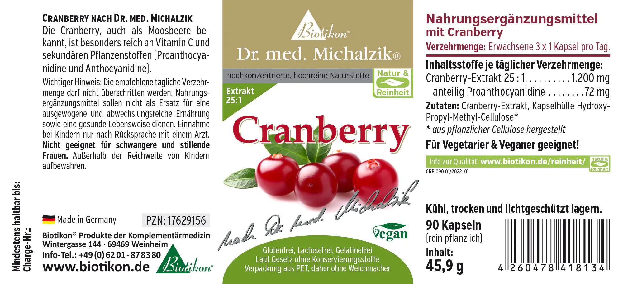 Estratto di Mirtillo Rosso 1200 mg – Capsule Integratore di mirtillo rosso, 90 capsule vegane, confezione verde, descrizione del prodotto in italiano.