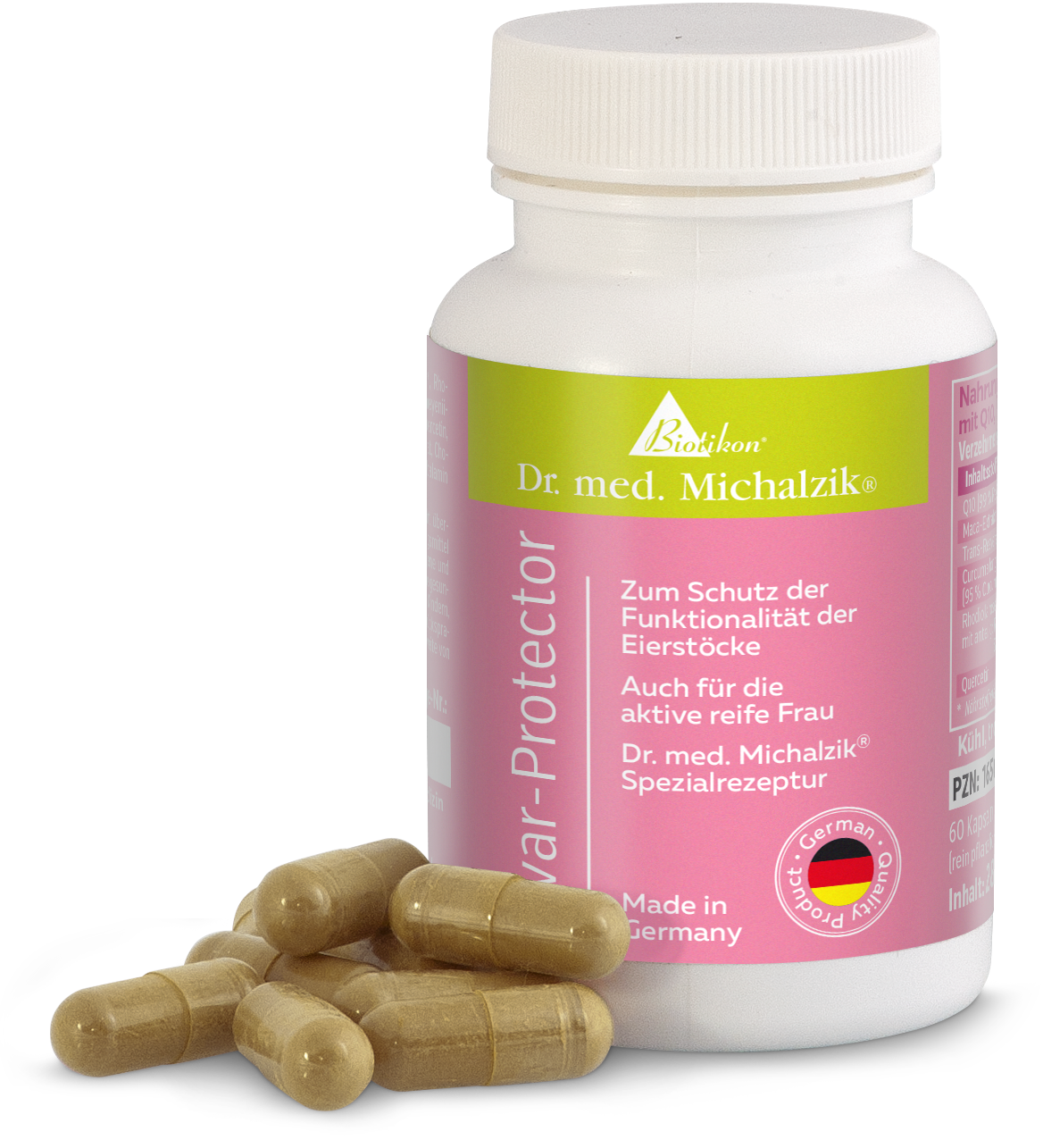 Eivar Protector – 60 Capsule Eivar Protector in una bottiglia rosa, 60 capsule, prodotto in Germania, su sfondo bianco.