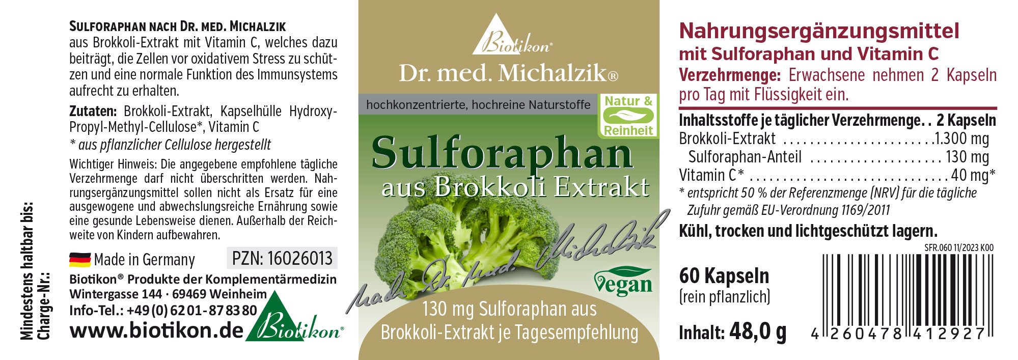 Sulforafano 130 mg - Capsule 60 capsule contenenti estratto di broccolo e vitamina C, confezione verde, vista frontale.