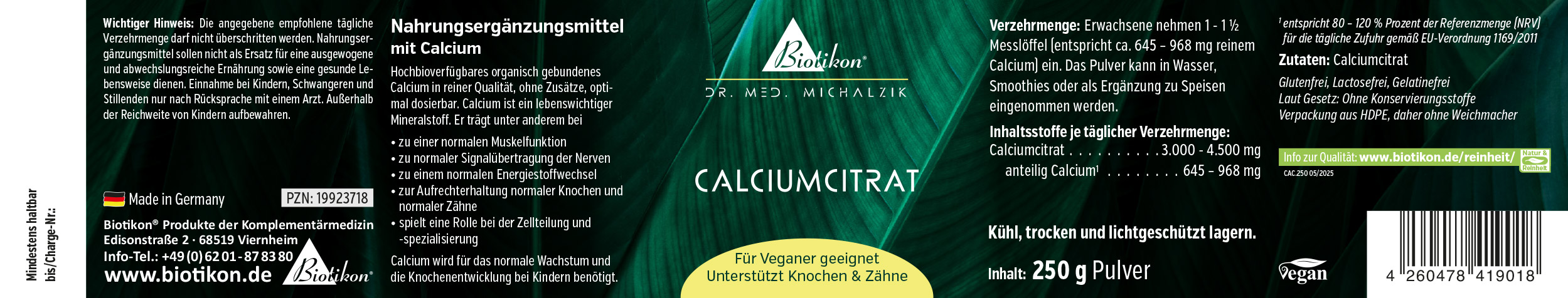 Citrato di Calcio 250 g – Polvere Integratore alimentare citrato di calcio in confezione da 250 g, imballaggio verde, forma in polvere.