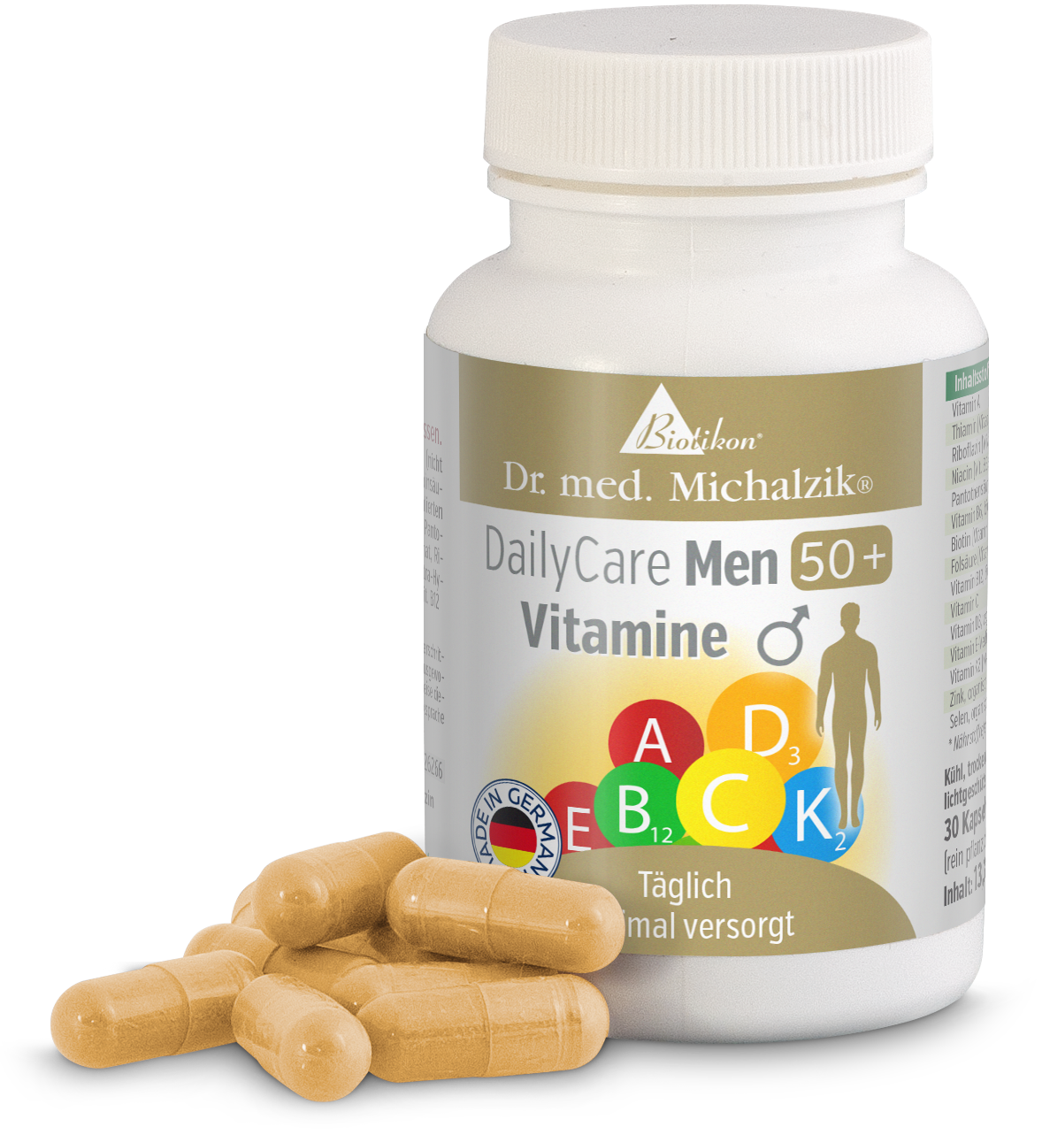 Multivitamine 30 Capsule – DailyCare Uomini 50+ Bottiglia con 30 capsule, capsule beige davanti al packaging, vista a tre quarti.