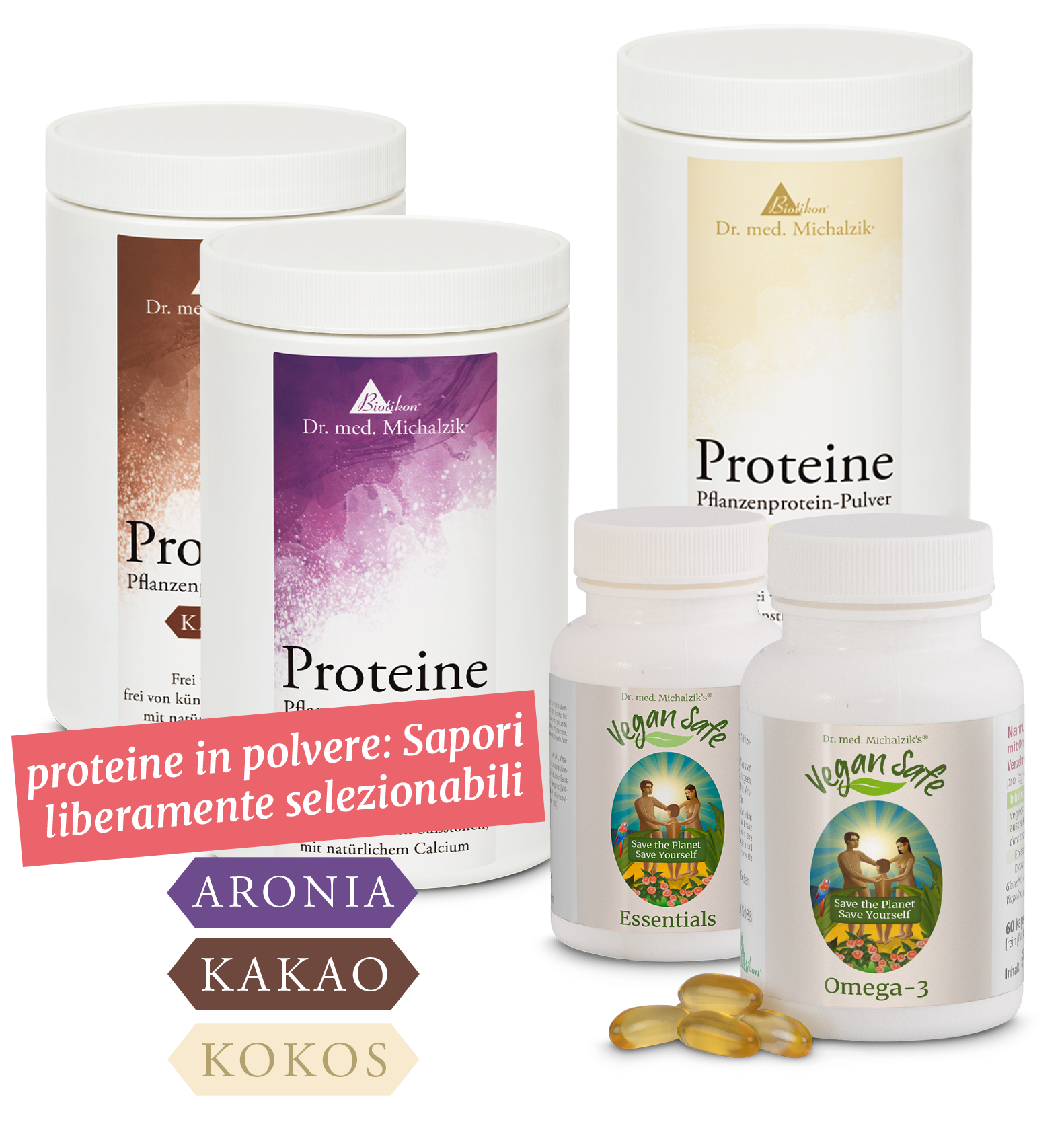 Polvere di Proteine Vegetali - 600 g Quattro barattoli di polvere di proteine vegetali in diverse colorazioni e gusti, insieme a due bottiglie di capsule, viste frontalmente.