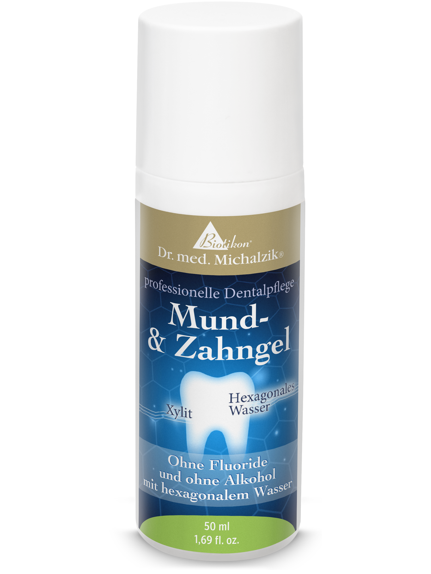 Gel Orale & Dentale – 50 ml Gel orale e dentale in flacone spray, 50 ml, con xilitolo e acqua esagonale, blu e bianco.