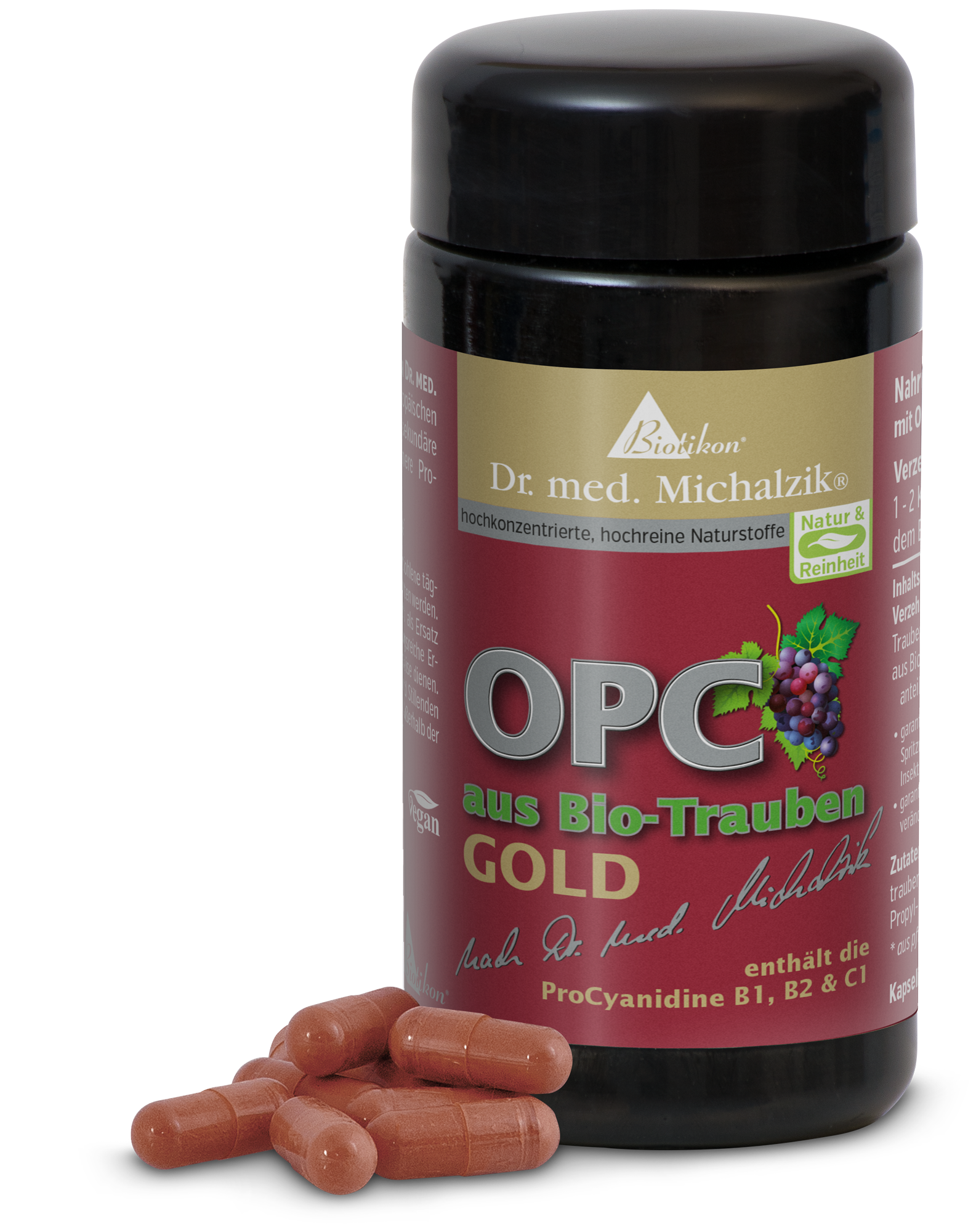 OPC d'Oro da Uve Biologiche – 60 Capsule Contenitore con capsule OPC da uve biologiche, 60 capsule rosse, vista laterale.
