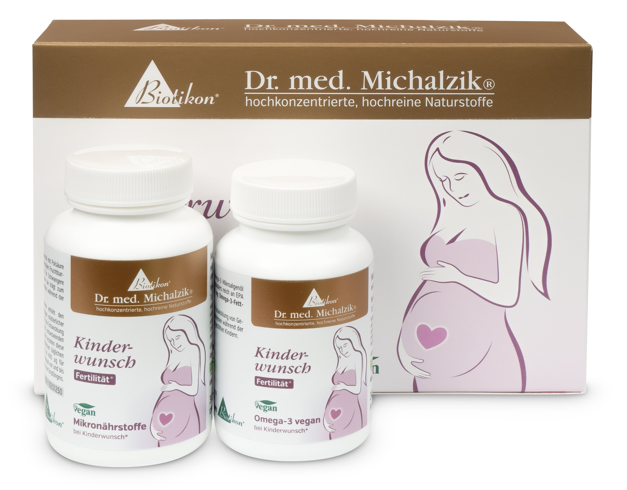 Omega-3 e micronutrienti vegani per la fertilità Due bottiglie di integratori per la fertilità con 60 capsule in confezione bianca, accanto a una scatola illustrata.