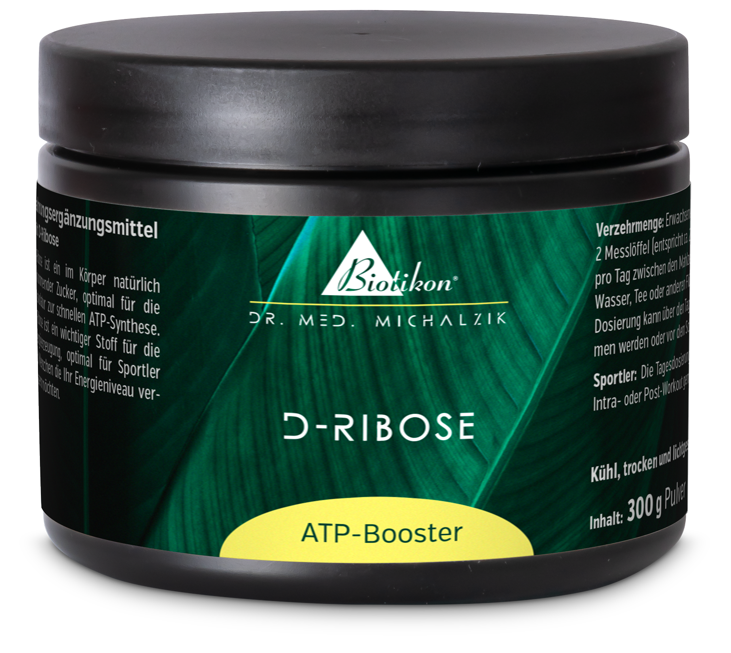 D-Ribosio ATP Booster – Polvere da 300 g Contenitore nero con etichetta verde, polvere di D-Ribosio da 300 g, integratore sportivo, vista frontale.
