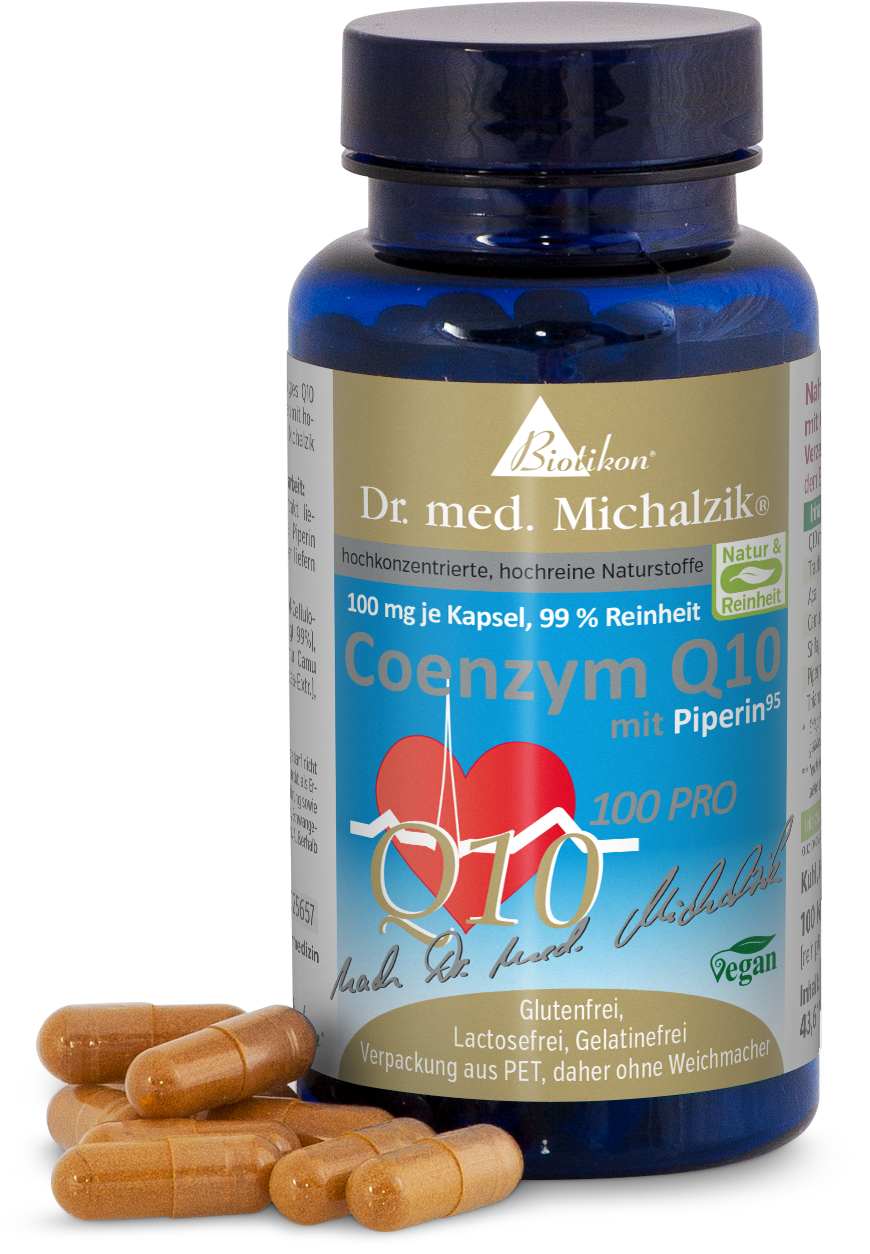 Coenzima Q10 100 mg – Capsule Vegetali Bottiglia con capsule di coenzima Q10, 100 mg, confezione blu, sette capsule davanti, vegano.