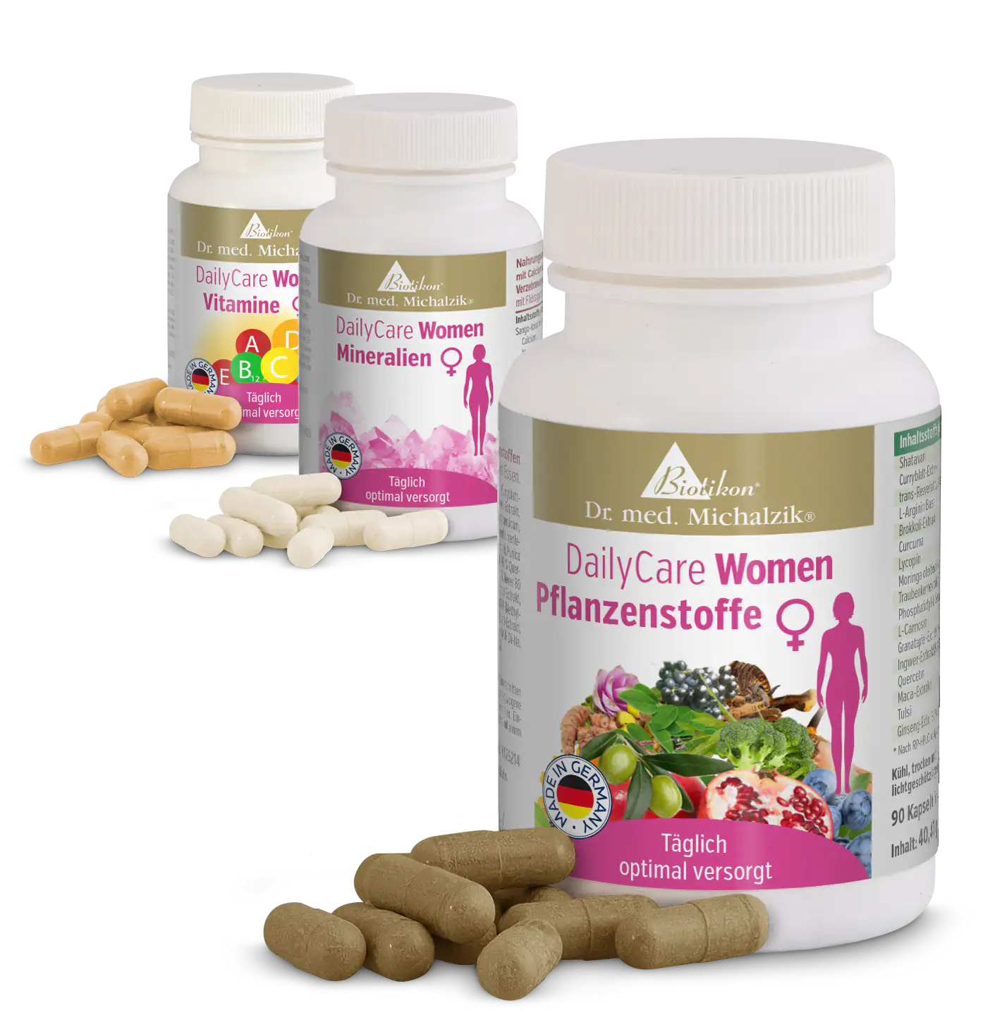 DailyCare Donne Estratti Vegetali – 90 Capsule DailyCare Donne Estratti Vegetali in una bottiglia bianca, 90 capsule marroni ben visibili.
