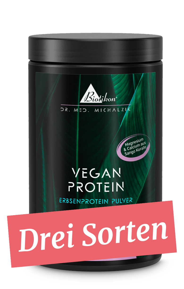 Contenitore bianco con design viola, proteine in polvere, 500 g, tre gusti diversi.