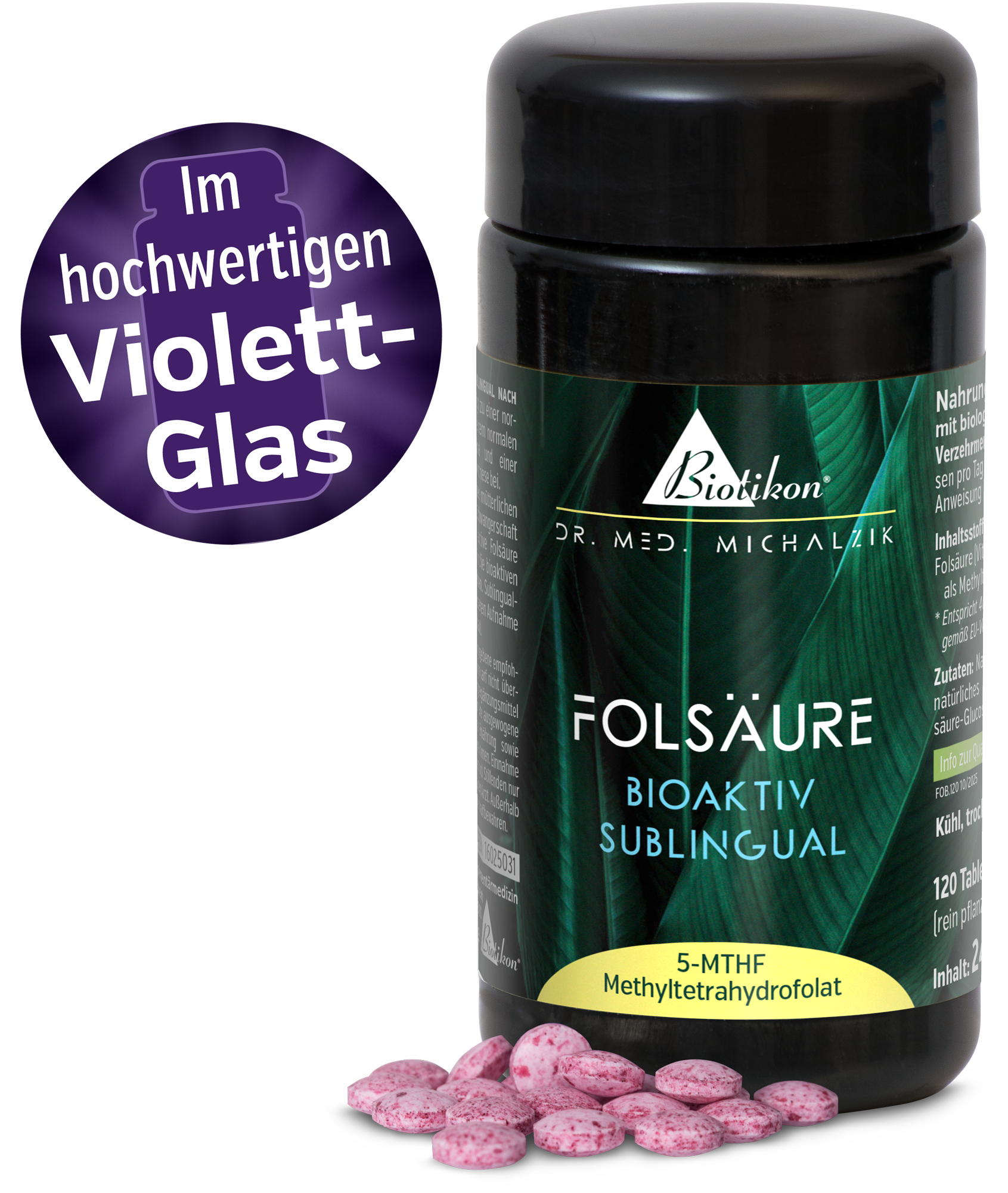 Acido Folico Bioattivo Sublinguale_barattolo in vetro viola di alta qualità Acido Folico Bioattivo Sublinguale_barattolo in vetro viola di alta qualità