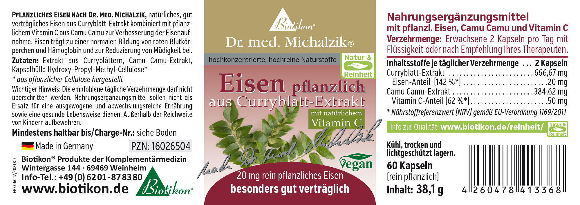 Ferro Vegetale 20 mg - Capsule 60 capsule con ferro vegetale da estratti di foglie di curry e vitamina C, chiaramente visibile sulla confezione.