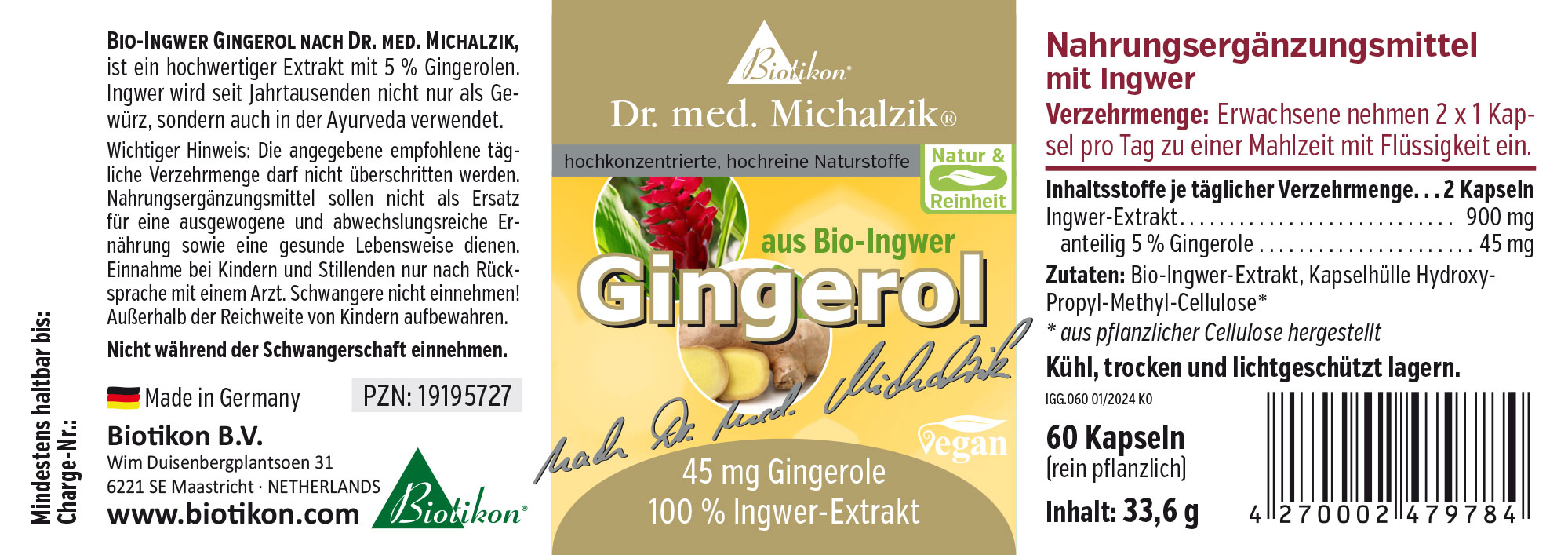Gingerol Biologico 900 mg – Capsule 60 capsule con 900 mg di estratto di zenzero e 45 mg di gingeroli, confezione gialla, vista frontale.