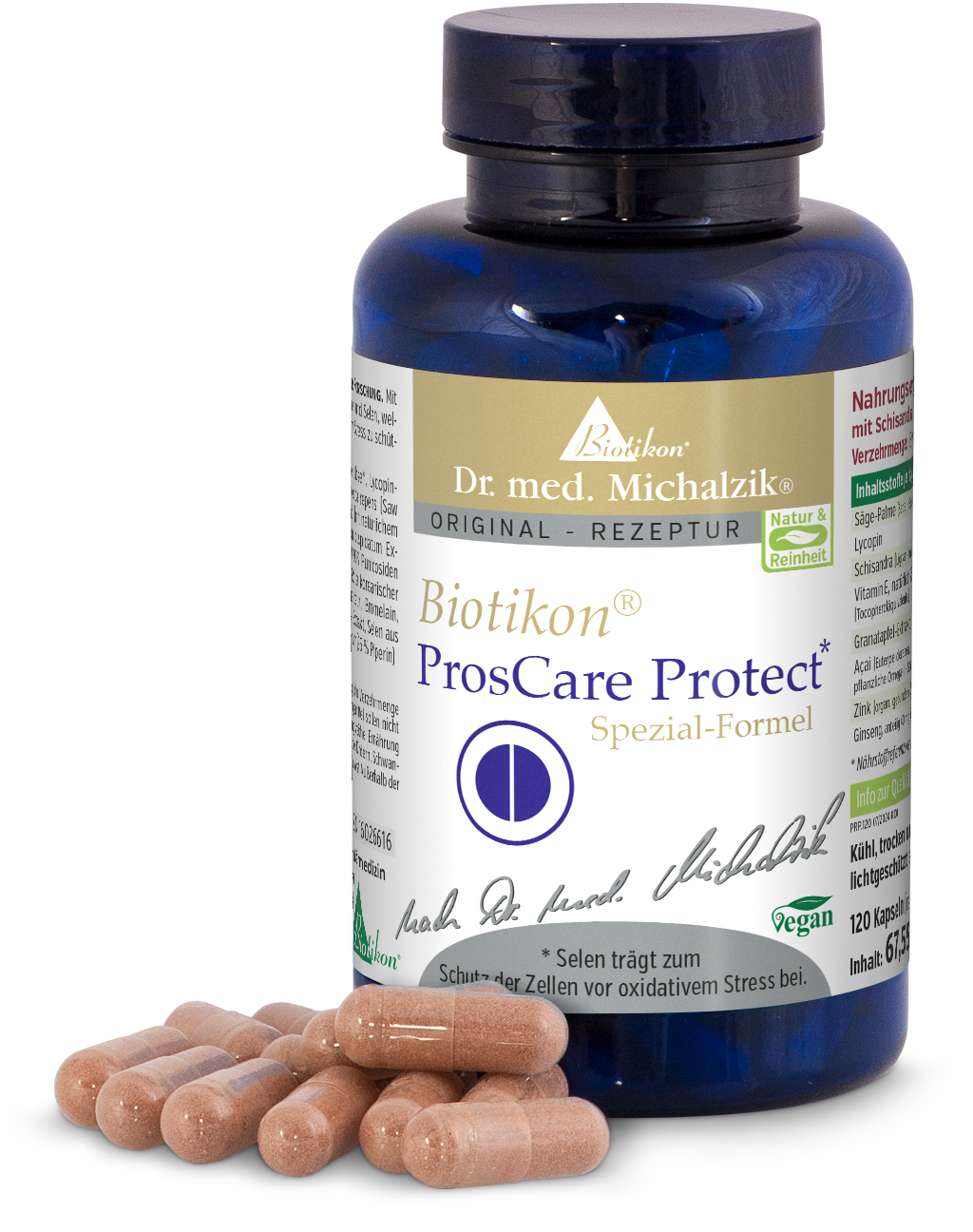 Selenio 120 Capsule – Biotikon ProsCare Protect Bottiglia blu con 120 capsule, capsule beige chiaro su sfondo bianco.