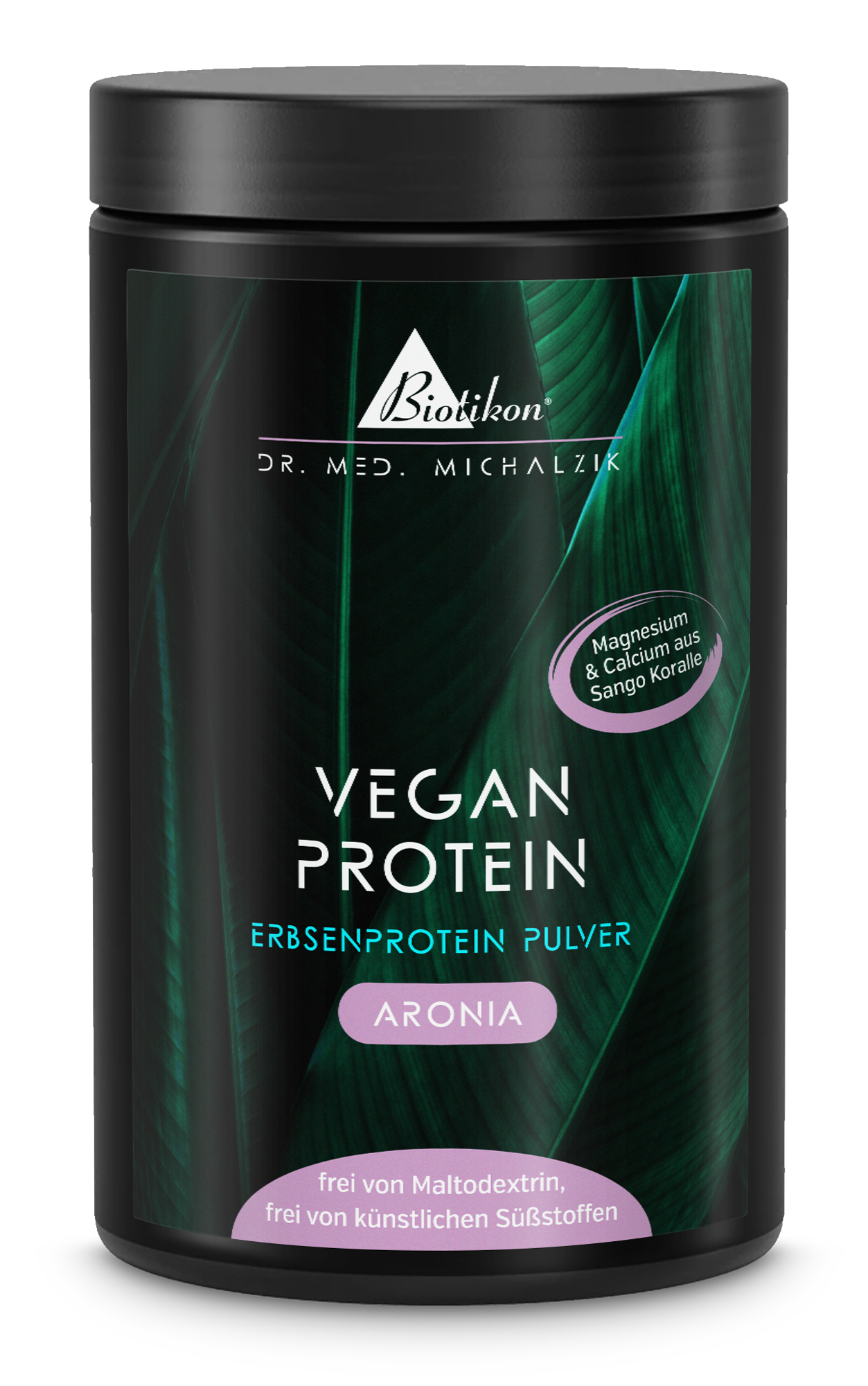 Contenitore bianco con accento viola, polvere di proteine vegetali Aronia, 500 g, vista laterale.