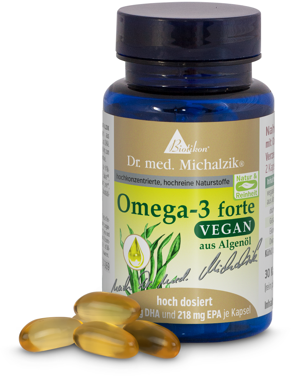 Bottiglia di capsule nere contenente 30 capsule vegane di Omega-3 a base di olio di alghe, progettata in modo colorato e di alta qualità.