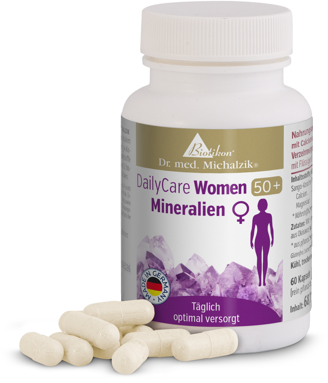 Minerali 60 Capsule – DailyCare Donne 50+ Bottiglia con 60 capsule bianche, DailyCare Donne 50+, minerali, viste da varie angolazioni.