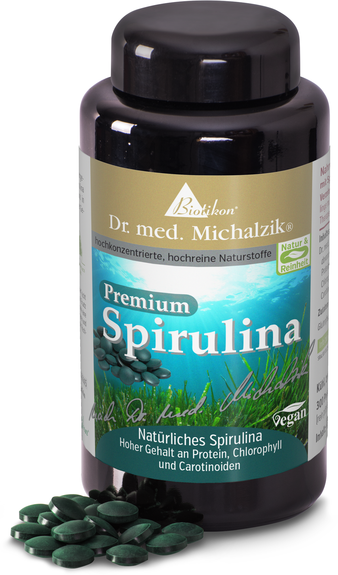 Spirulina 300 Compresse – Integratore Premium Spirulina premium in un contenitore nero, 300 compresse verdi visibili, formula vegana.