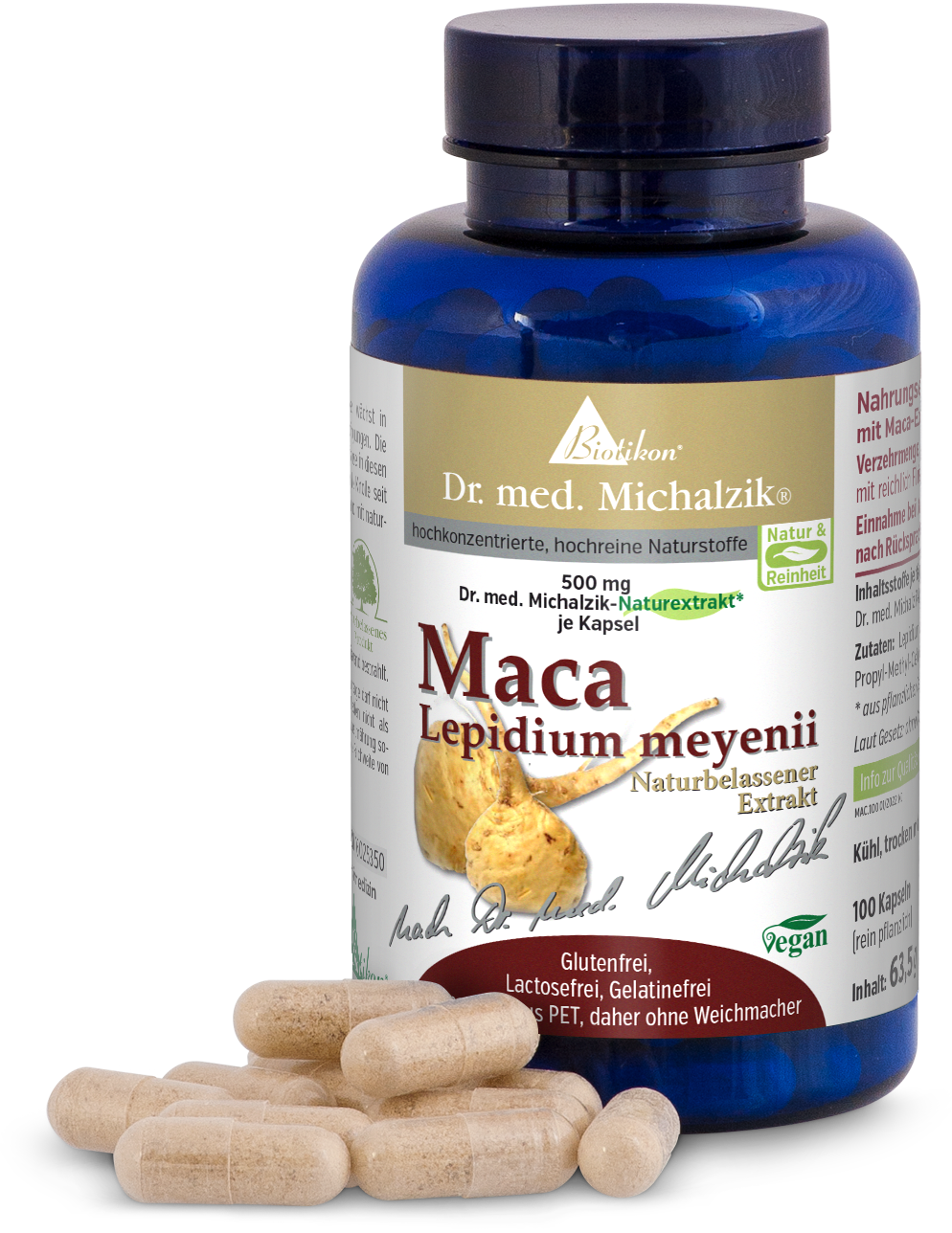 Maca Lepidium meyenii – Capsule da 500 mg Bottiglia blu con 100 capsule trasparenti di estratto di Maca da 500 mg su sfondo bianco.