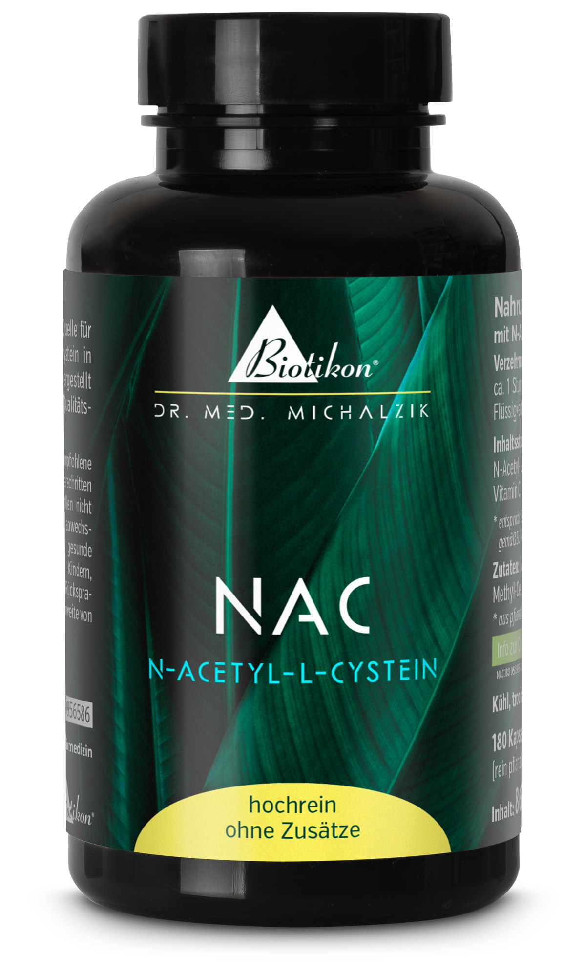 N-Acetil-L-Cisteina – 180 Capsule Bottiglia nera di capsule con N-Acetil-L-Cisteina, 180 capsule, alta purezza, senza additivi, design foglia verde.