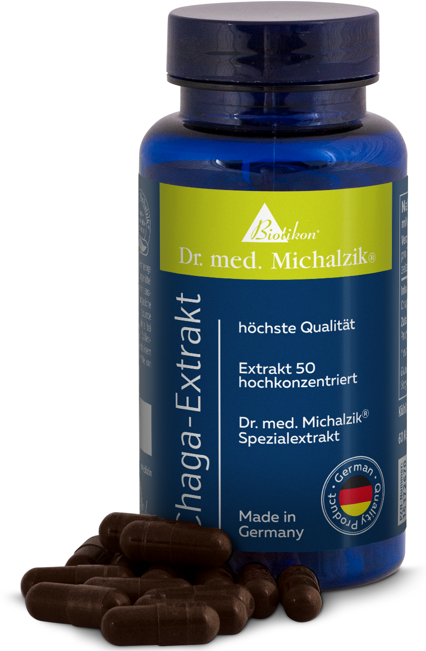 Estratto di Chaga 60 Capsule - Alta Concentrazione Estratto di chaga in una bottiglia blu con 60 capsule, capsule marroni accanto.