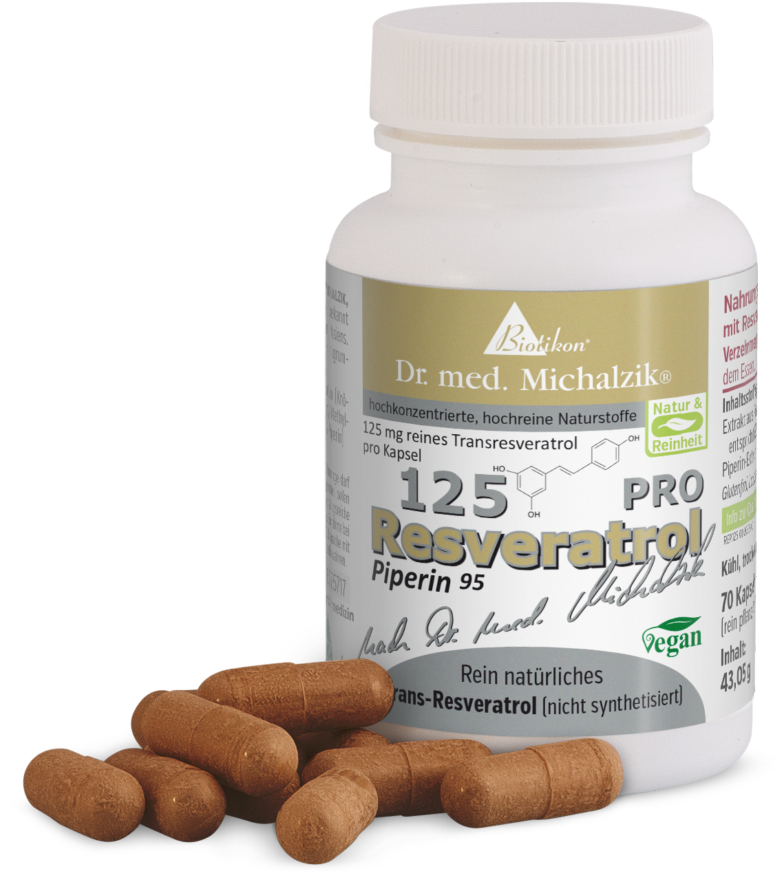 Resveratrolo 125 mg - Capsule Bottiglia con 70 capsule, 125 mg di trans-resveratrolo puro, capsule marroni vegane.