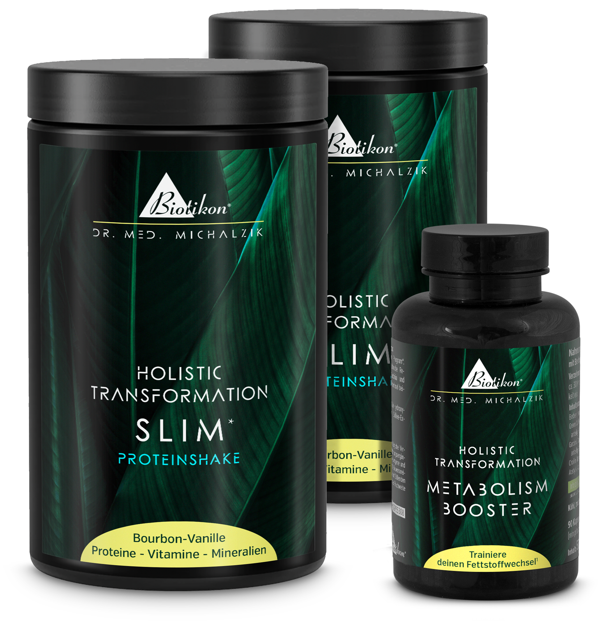 Slim Shake Transformazione Olistica in contenitore nero, 600 g, gusto Vaniglia Bourbon, accanto alle capsule Metabolism Booster.