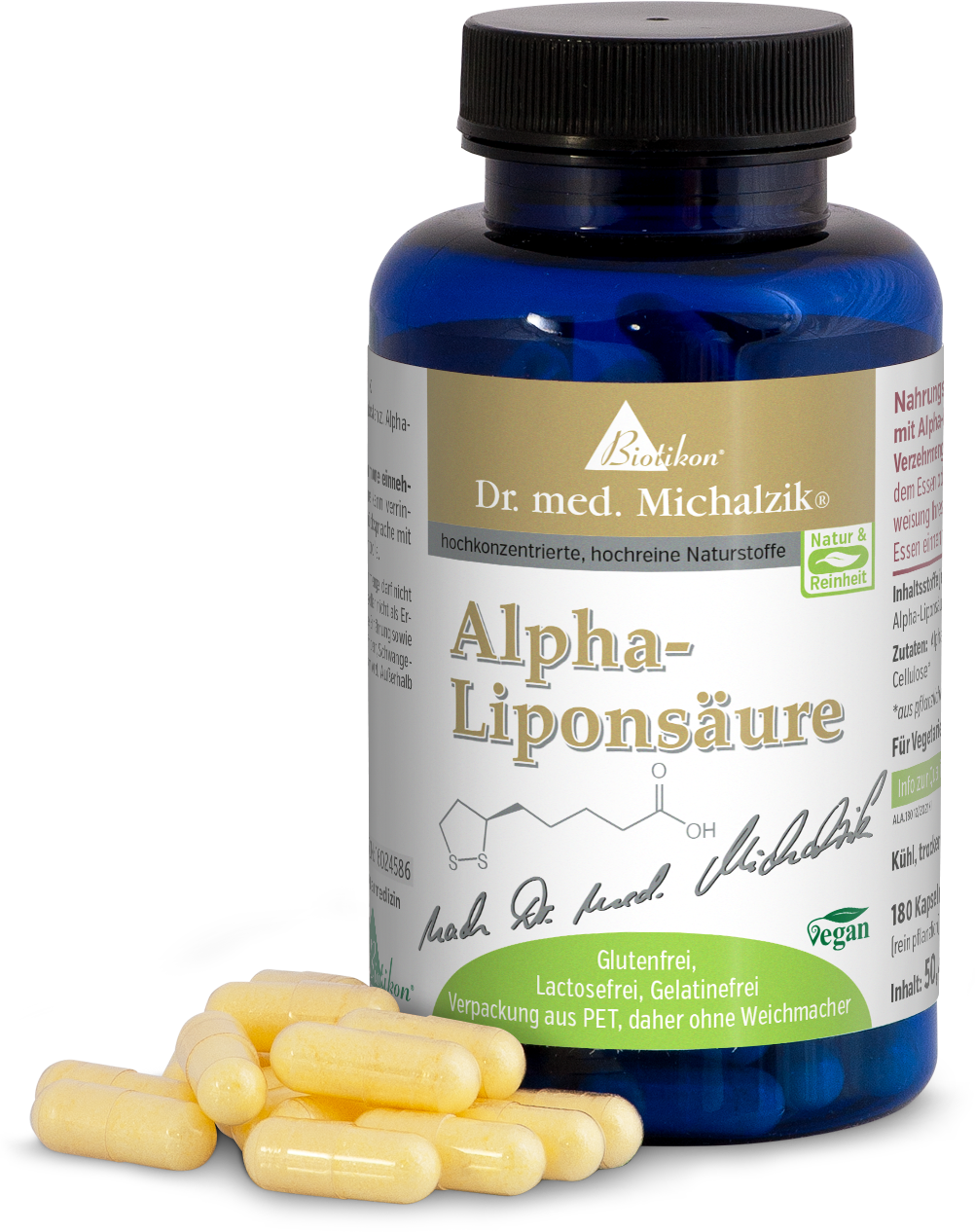 Acido Alpha-Lipoico 180 Capsule - Vegano Bottiglia di vetro con 180 capsule gialle, integratore alimentare vegano, Acido Alpha-Lipoico.