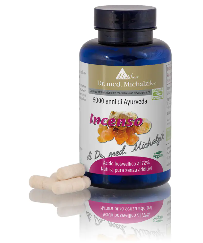 Incenso 72% Acido Boswellico – Capsule Bottiglia blu con capsule, 72% acido boswellico, vegano, con capsule solubili, riflessione suggerita.