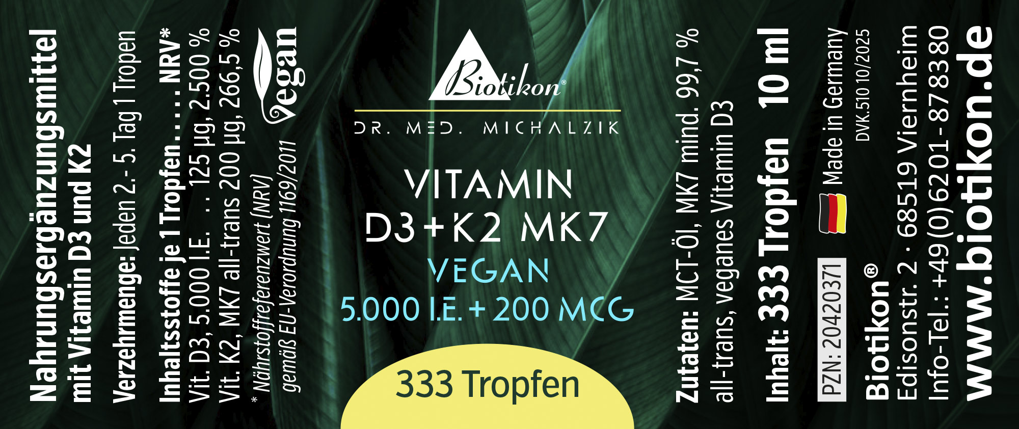 Bottiglia con 333 gocce di vitamina D3 e K2 MK7, 10 ml, confezione verde, vegano.