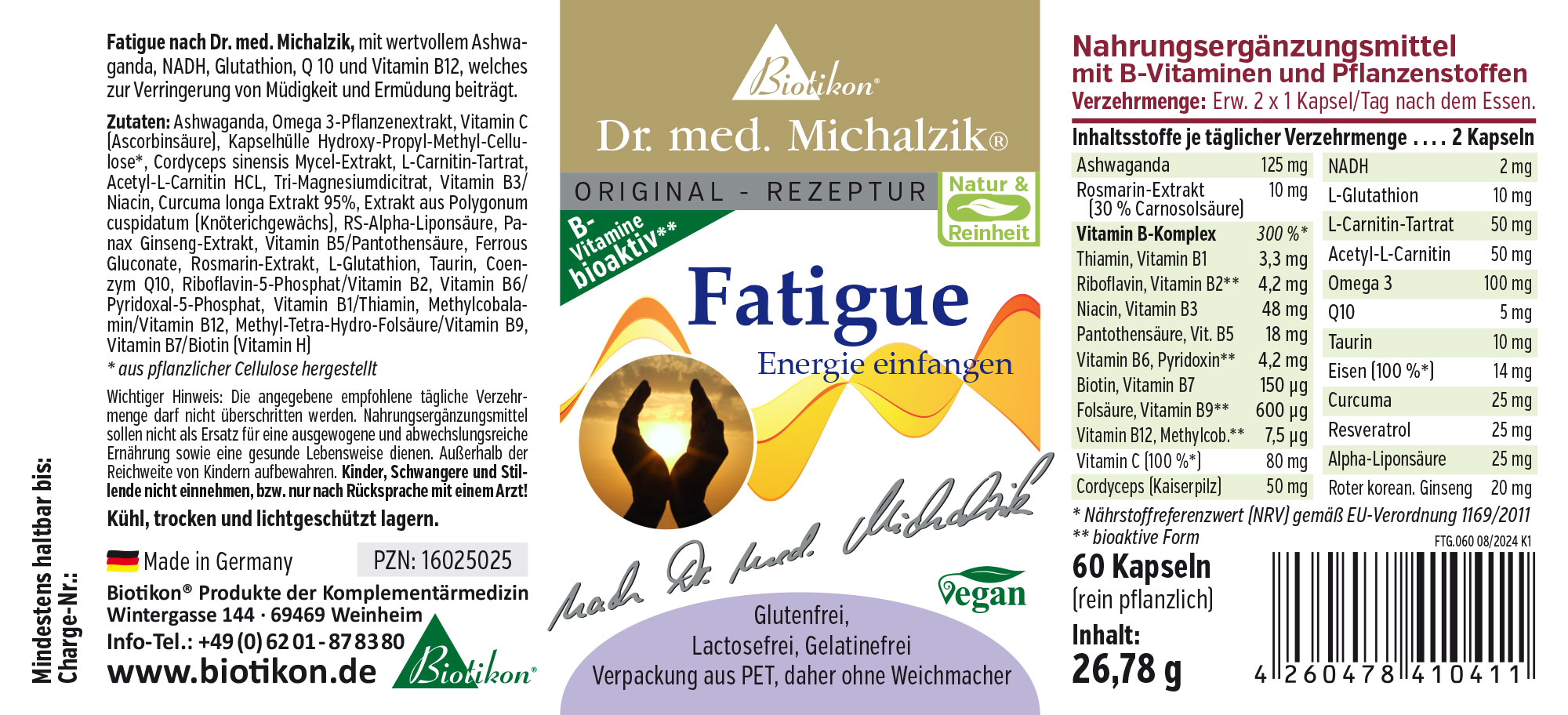 Integratori Fatigue – 60 Capsule Integratori alimentari Fatigue in confezione PET, vegani, 60 capsule, con vitamine B.