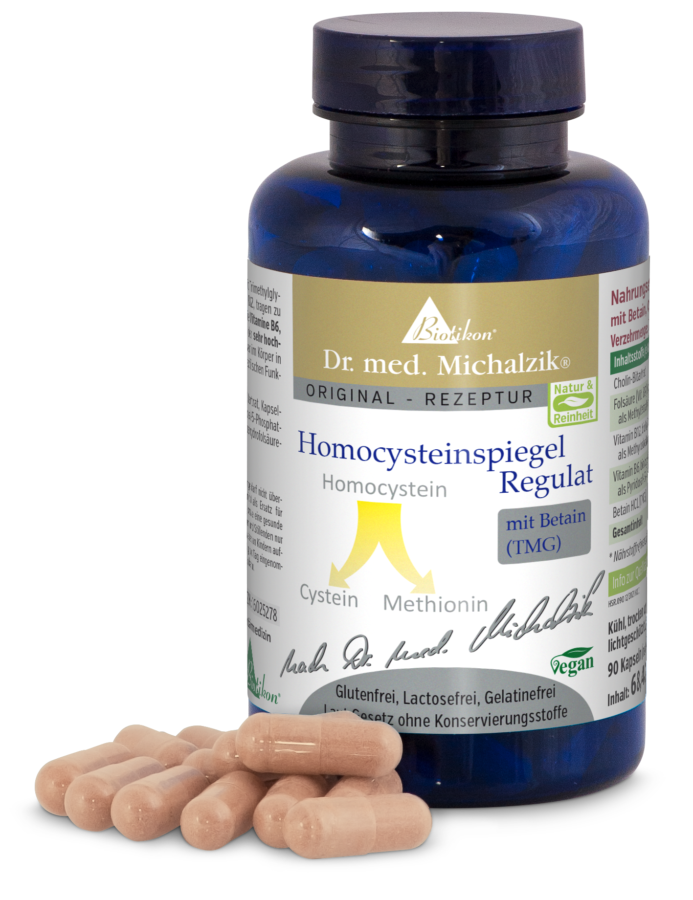 Regolazione dell'Homocisteina - 60 Capsule Bottiglia di vetro blu contenente 60 capsule senza glutine e vegane per sostenere i livelli di omocisteina.