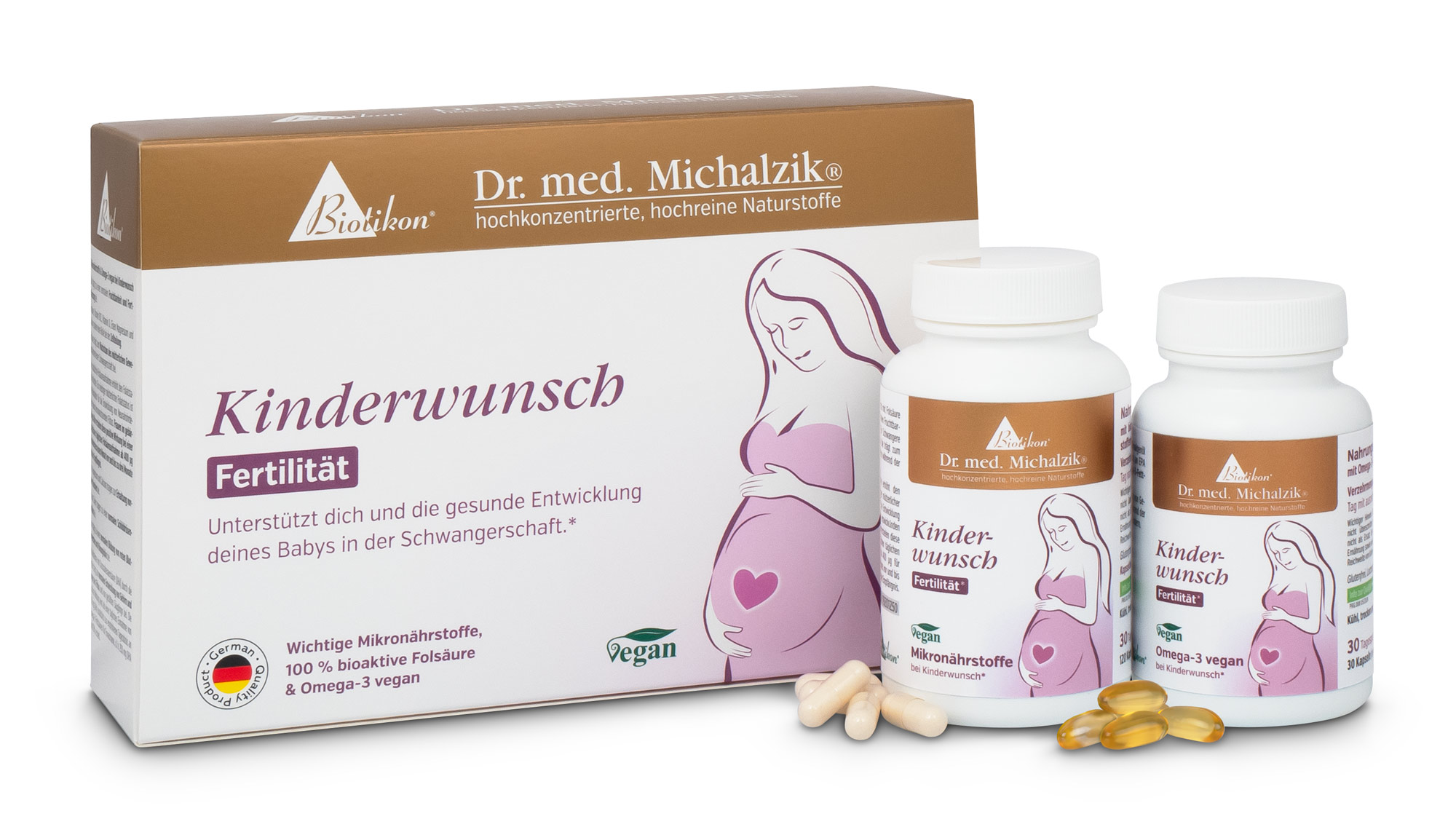 Supporto Fertilità – 30 Capsule Confezione di integratore per fertilità, due bottiglie con capsule, una con capsule molli, formula vegana, vista frontale