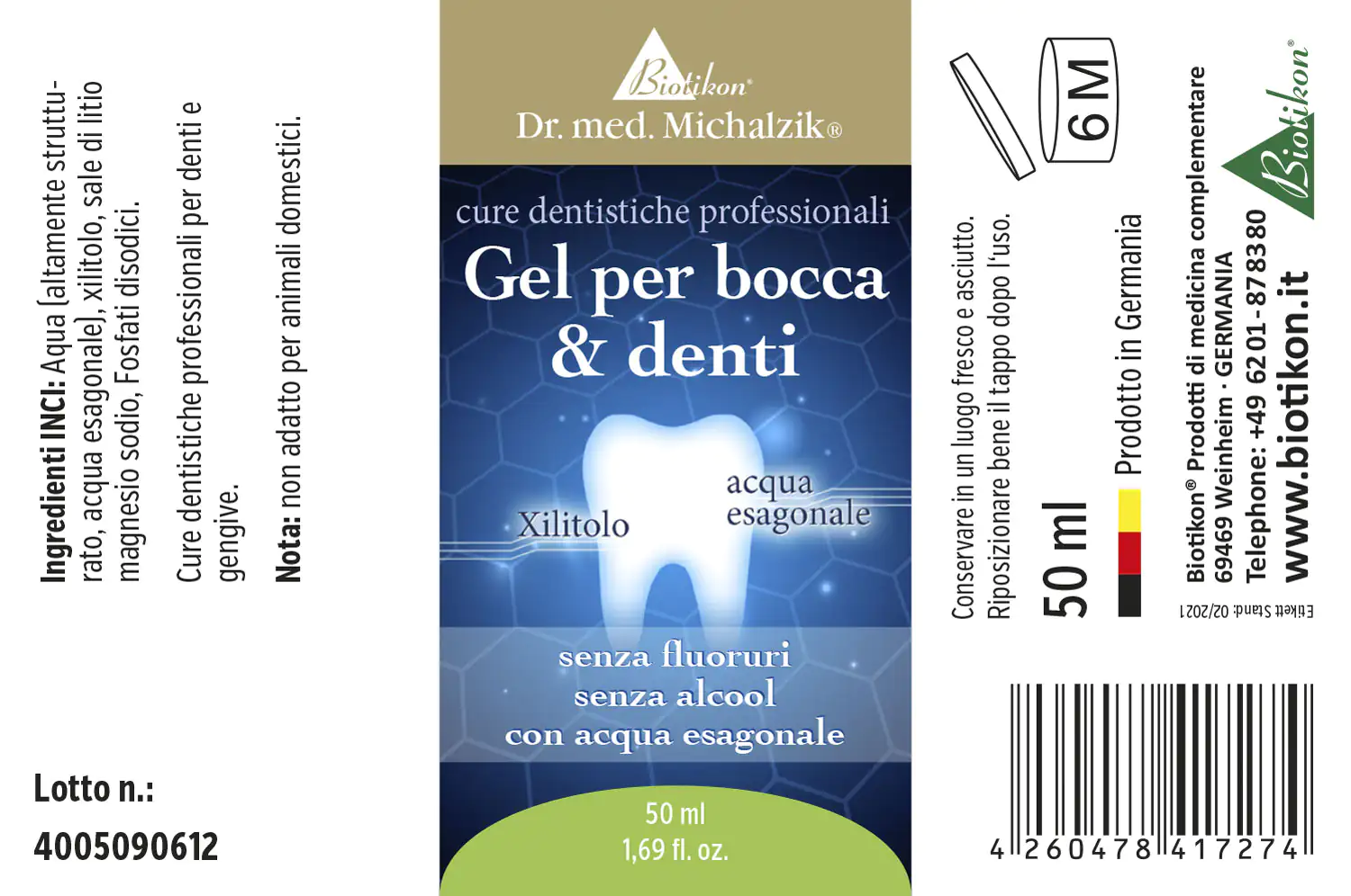 Gel per bocca e denti – 50 ml Gel per la bocca per denti in bottiglia da 50 ml, confezione trasparente con design blu e verde.