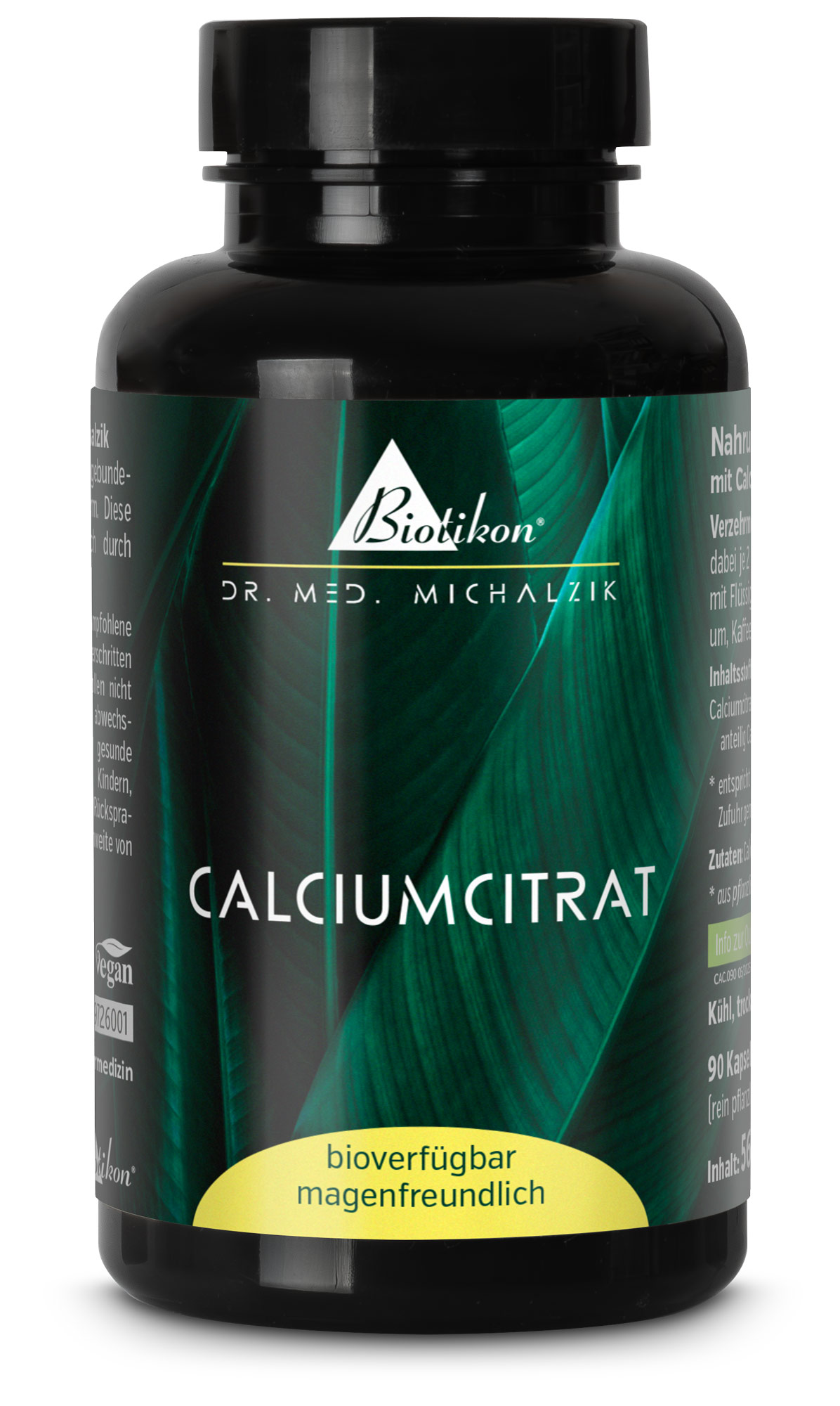 Citrato di Calcio - 90 Capsule Bottiglia nera con 90 capsule vegane di citrato di calcio, delicato per lo stomaco, dettagli del prodotto sull'etichetta.
