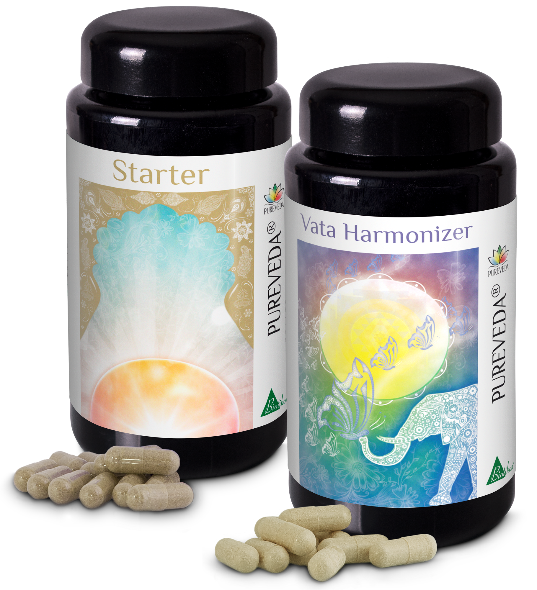 Capsule Ayurvediche - Starter & Vata Harmonizer Due bottiglie nere di capsule ayurvediche, Starter e Vata Harmonizer, con diverse capsule in primo piano.