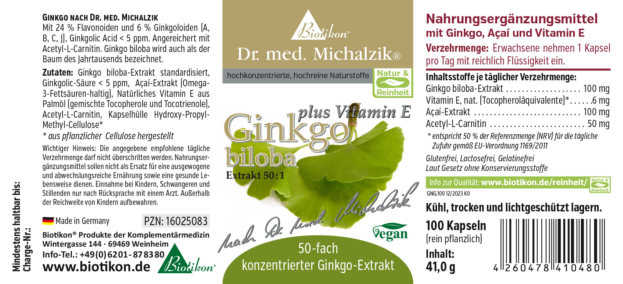 Ginkgo Biloba 100 mg – Capsule 50 capsule con estratto di Ginkgo Biloba 50:1, vegano, in un packaging rosso e verde.